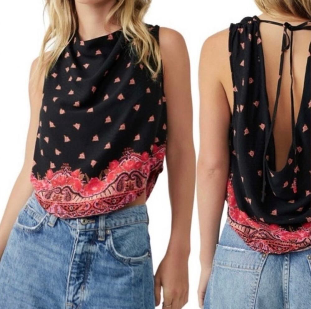 Free People New Silas Printed Cowl Neck Floral Top Black XS 6 Western Festival